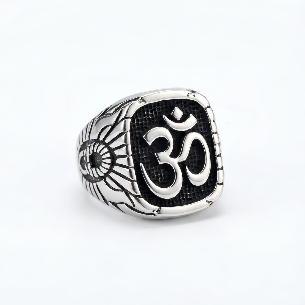 925 sterling silver Sacred Om Band with spiritual symbol, modern minimalist design, limited edition