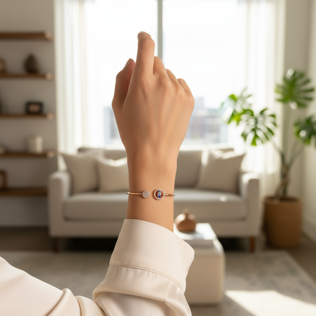 Hand wearing a bracelet in a bright living room